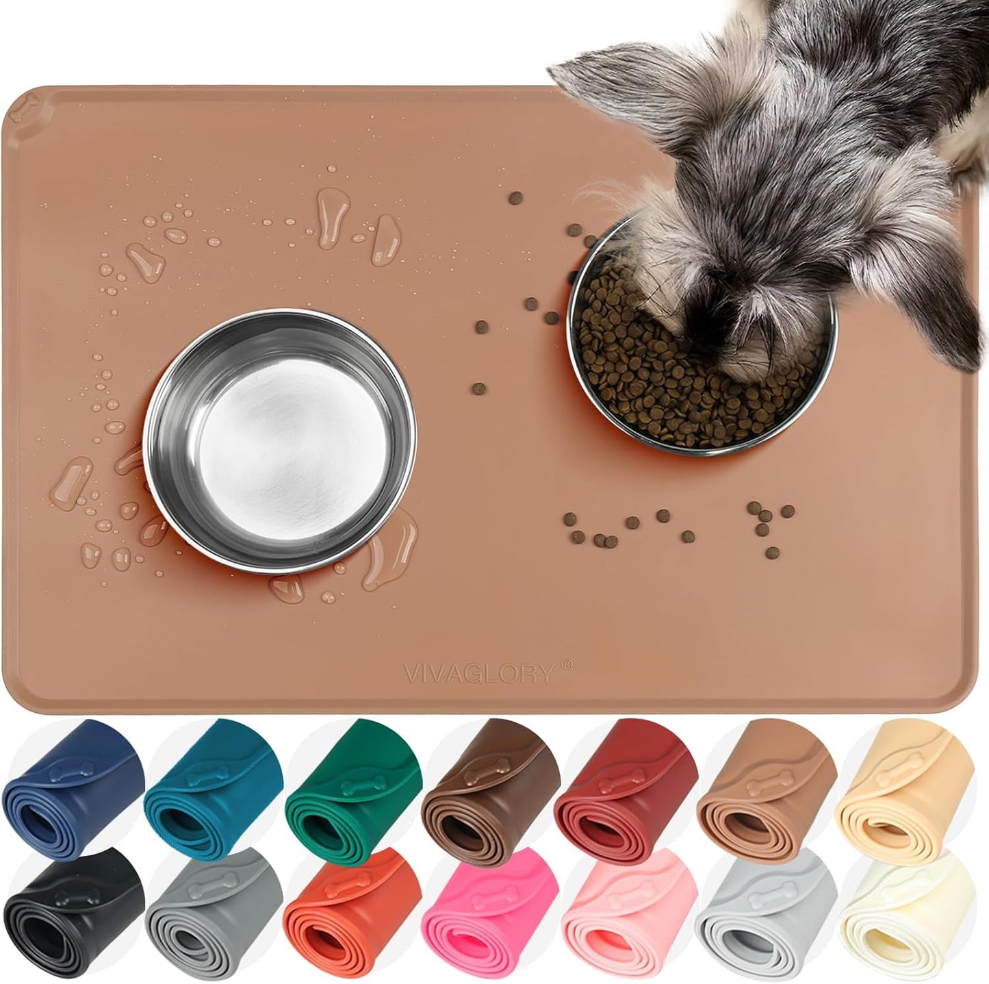 VIVAGLORY Dog Food Mat Flexmat Dog Bowl Mat, Placemat Food Tray with Raised Edges & Lip for Indoor Floor, Non Slip Waterproof Silicone Dish Placemat for Cat & Pet, S, Grey