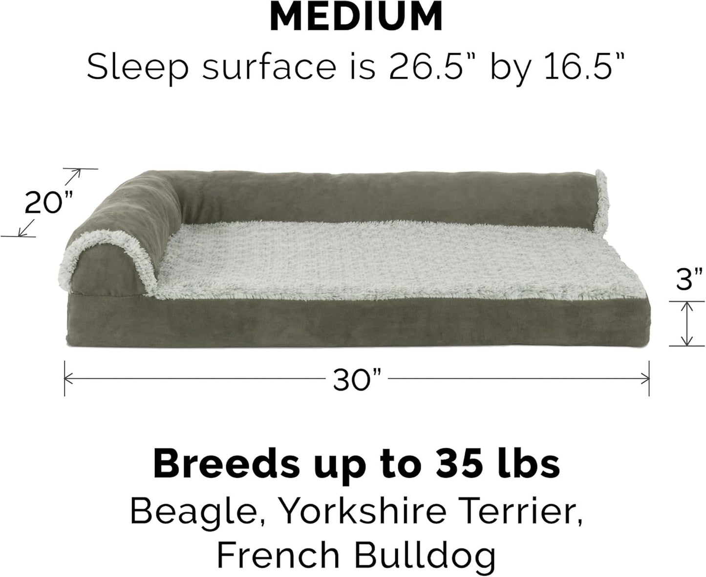 Furhaven Memory Foam Dog Bed for Large Dogs w/ Removable Bolsters & Washable Cover, For Dogs Up to 95 lbs - Two-Tone Plush Faux Fur & Suede L Shaped Chaise - Espresso, Jumbo/XL