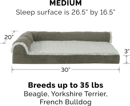 Furhaven Memory Foam Dog Bed for Large Dogs w/ Removable Bolsters & Washable Cover, For Dogs Up to 95 lbs - Two-Tone Plush Faux Fur & Suede L Shaped Chaise - Espresso, Jumbo/XL