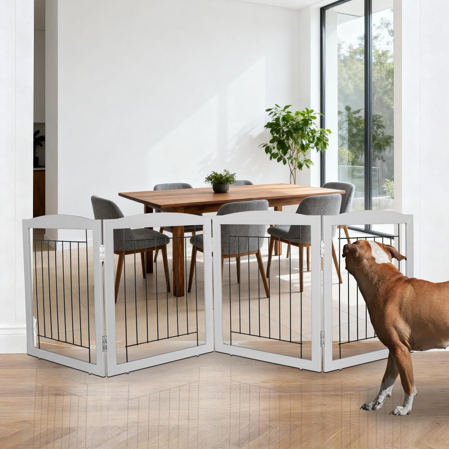 ZJSF Freestanding Foldable Dog Gate for House Extra Wide Wooden White Indoor Puppy Gate Stairs Doorways Pet Gate Tall Dog Fence 3 Panels Fence