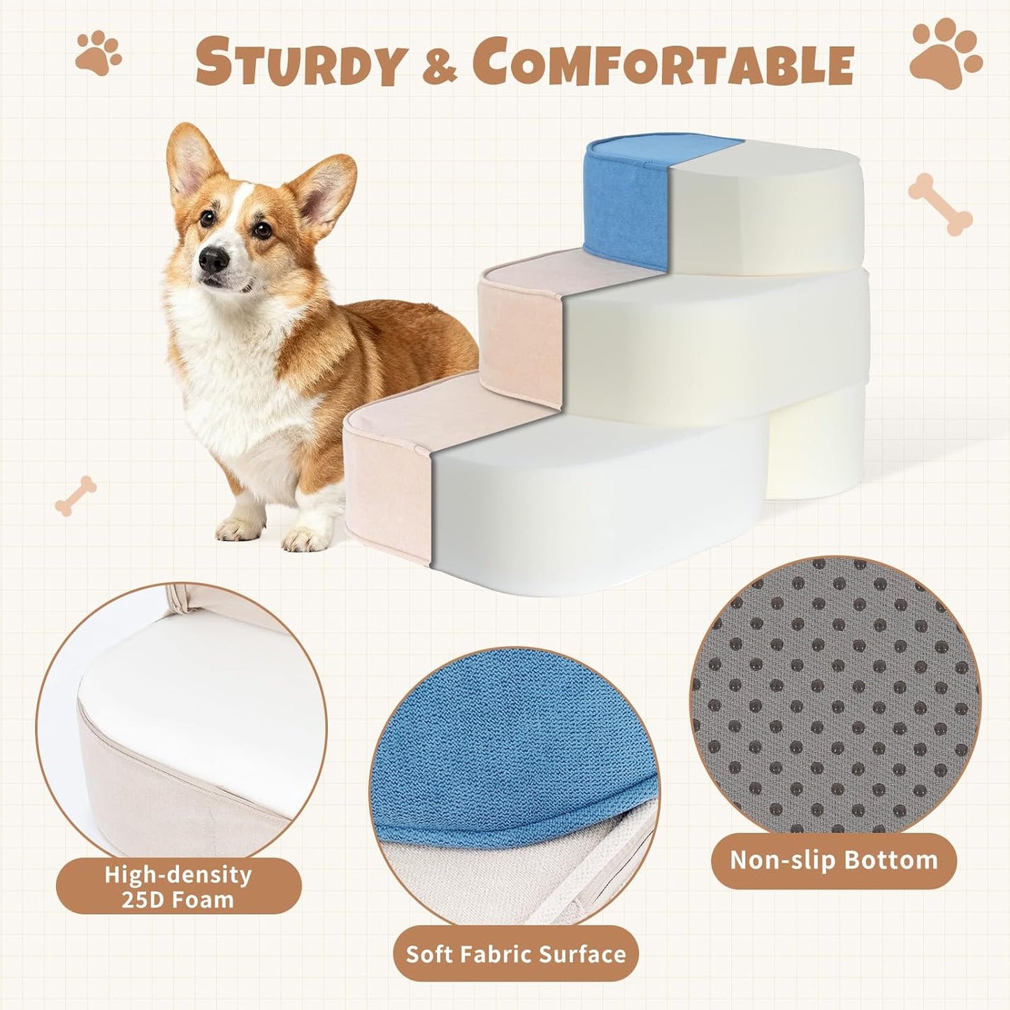 Dog Stairs for Small Dogs, 3 Step Dog Stair for High Bed and Couch, Non-Slip High Density Foam Sturdy Pet Steps with Removable Washable Cover for Older Cat