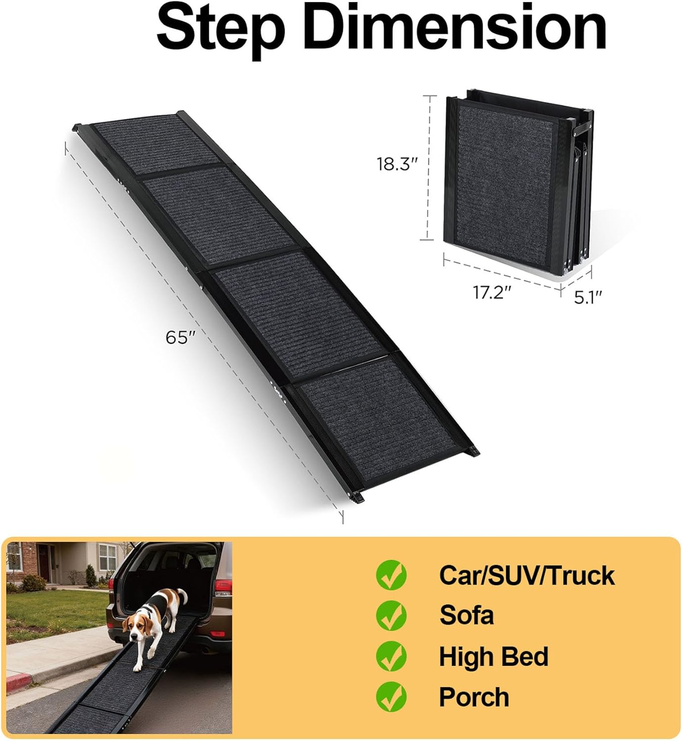 Dog Ramp for Car, Folding Dog Ramp for Large Dogs up to 250 lbs, Portable Dog Ramp for Truck, SUV & High Bed, Non-Slip Surface, Easy to Carry, Black (65" x 17.2")