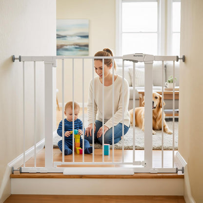 Mumeasy 29.7-46" Baby Gate for Stairs, Pressure Mounted Dog Gate for Doorways, Auto Close Walk Through Pet Gate Indoor, Extra Wide Metal Child Safety Gate, Mom's Choice Awards Winner, Black
