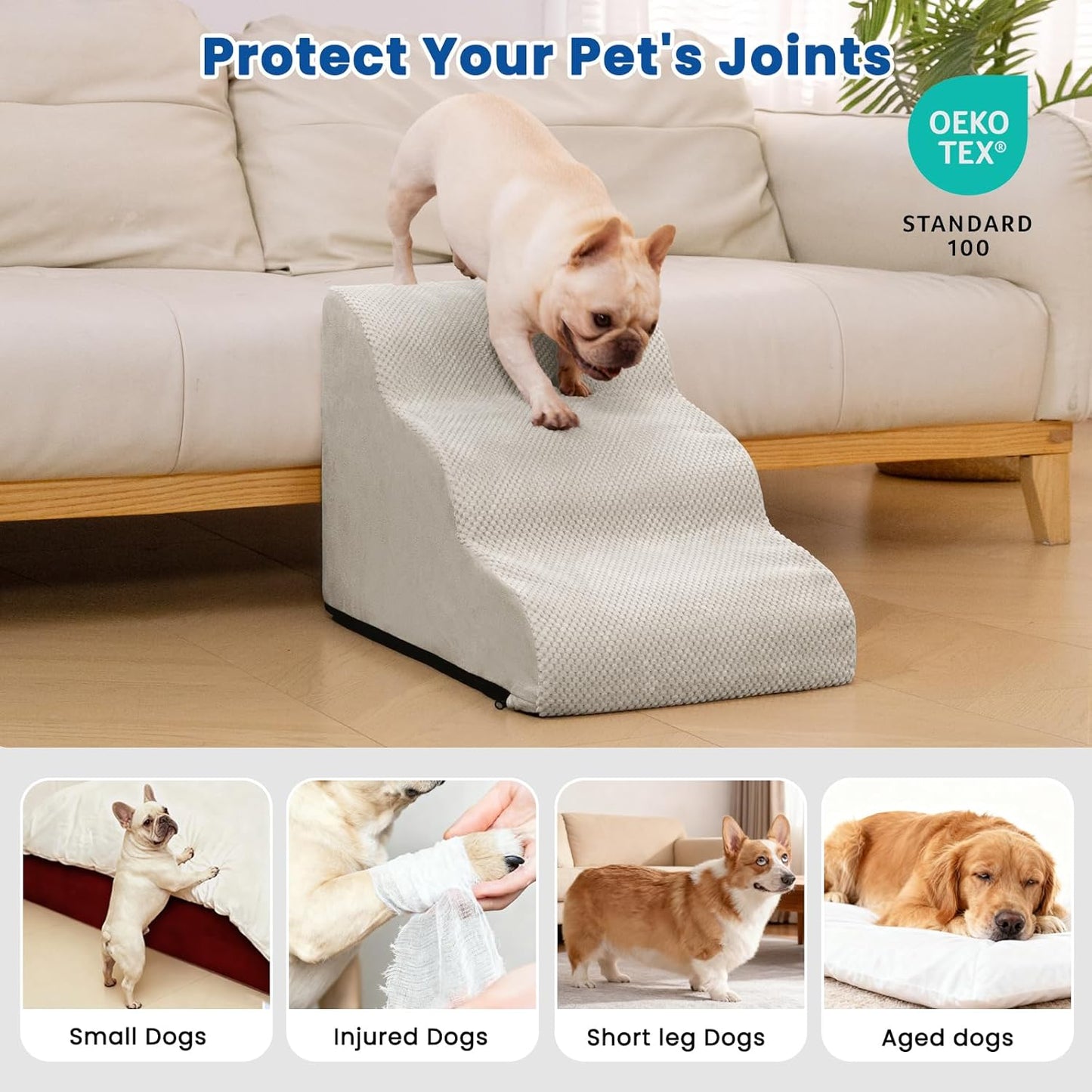 Airpanda Dog Stairs for Small Dogs and Cats – 3 Step Pet Ramp for Couch & Sofa, Non-Slip Dog Steps for Pets, Washable Cover, High-Density Support Foam for Easy Climbing,Beige