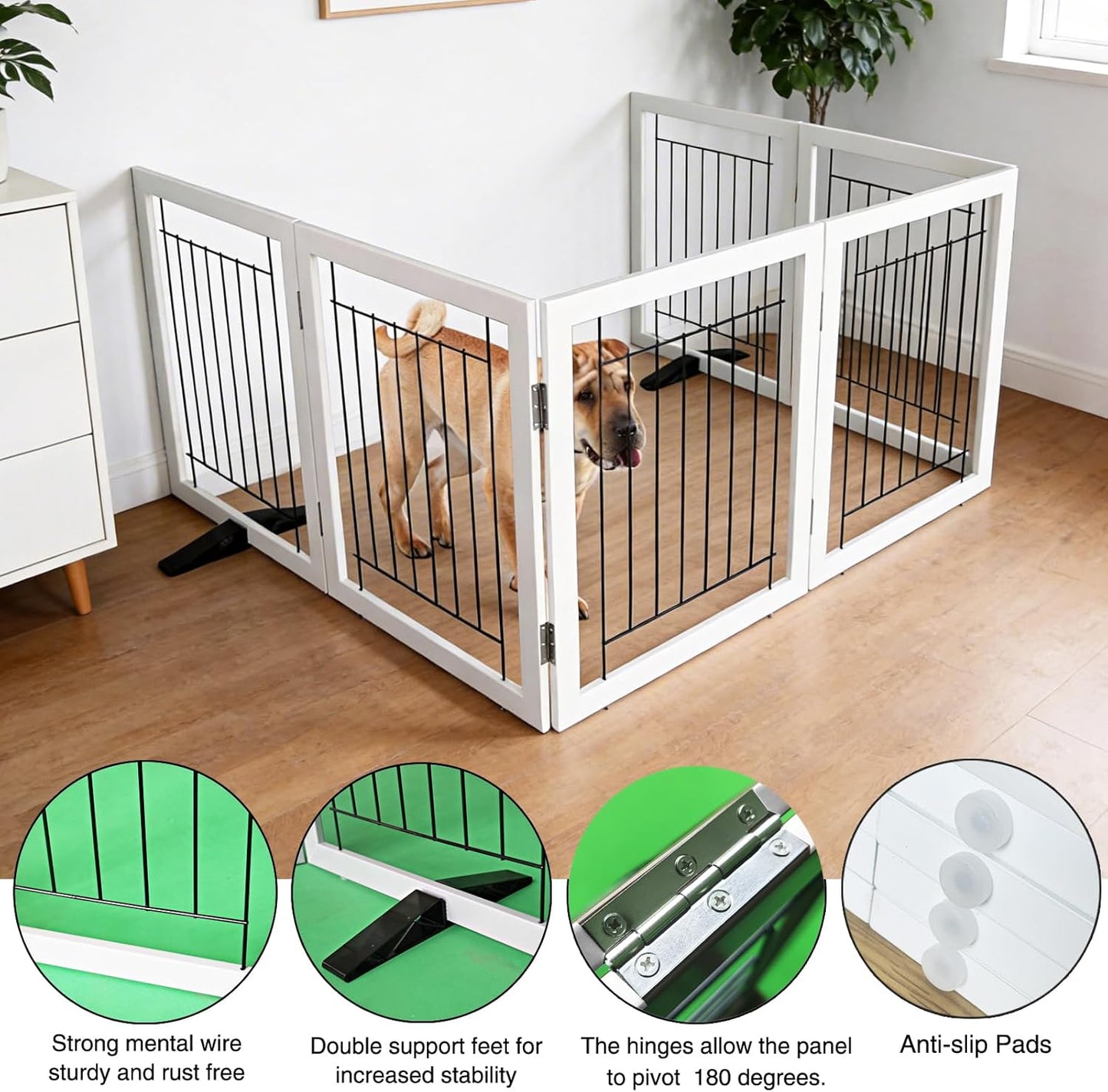 ZJSF Freestanding Dog Gate Indoor, Foldable Dog Fence for Doorways,Hallways or Stairs, Sturdy Wood Extra Wide Pet Gate with Support Feet,Black,24 "Height-3 Panels