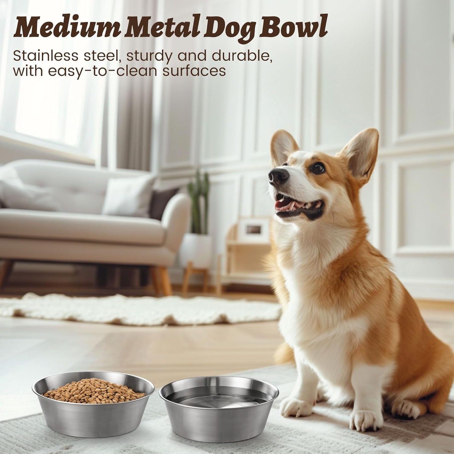 Elevated Dog Bowls for Medium&Small Dogs - Stainless Steel 48oz/6 Cups Raised Feeder with Non-Slip Base, Dual Food & Water Bowls 2-Pack