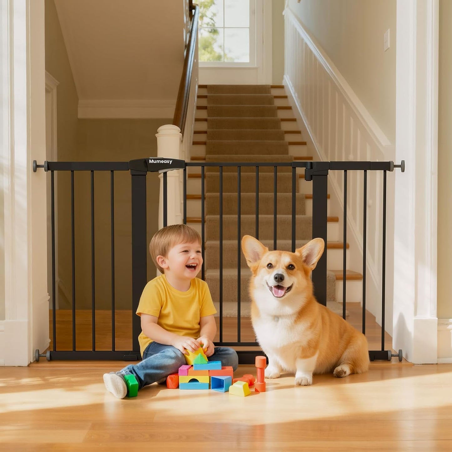 Mumeasy Baby Gate Extra Wide, 29.7-51'' Pressure Mounted Dog Gate with Walk Thru Door, Auto Close Pet Gate for House, Stairs, Doorways,Black