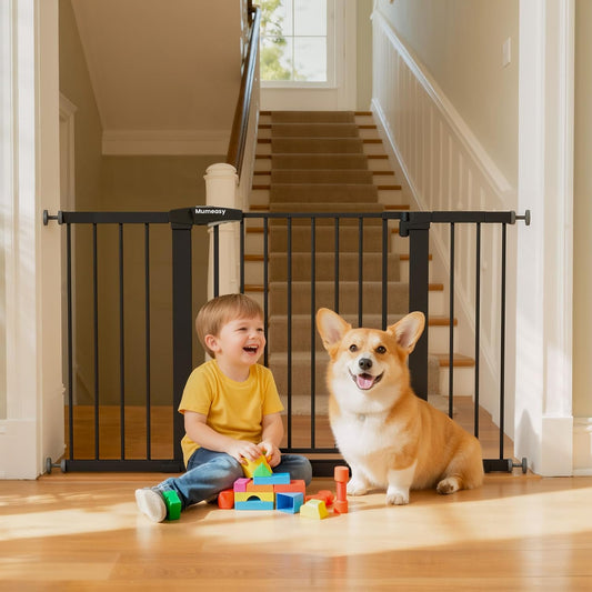 Mumeasy Baby Gate Extra Wide, 29.7-51'' Pressure Mounted Dog Gate with Walk Thru Door, Auto Close Pet Gate for House, Stairs, Doorways,Black