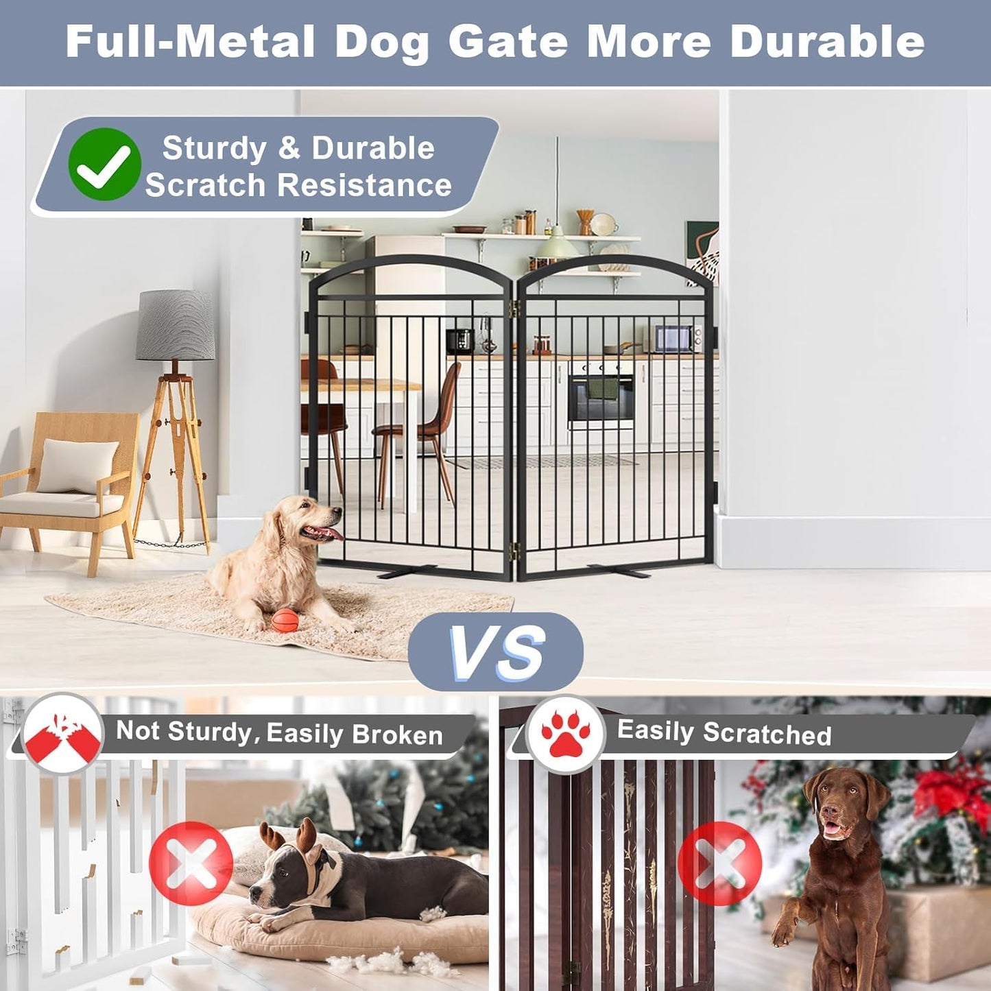 Full Metal Free Standing Dog Gate with Door for Indoor & Outdoor,96'' Extra Wide 32'' Tall Dog Gate for The Doorways,Large Openings,Decks,Porch,Pet Freestanding Safety Fence(4 Panels,Black)