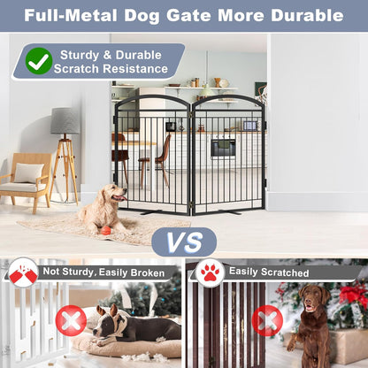 Full Metal Free Standing Dog Gate with Door for Indoor & Outdoor,96'' Extra Wide 32'' Tall Dog Gate for The Doorways,Large Openings,Decks,Porch,Pet Freestanding Safety Fence(4 Panels,Black)