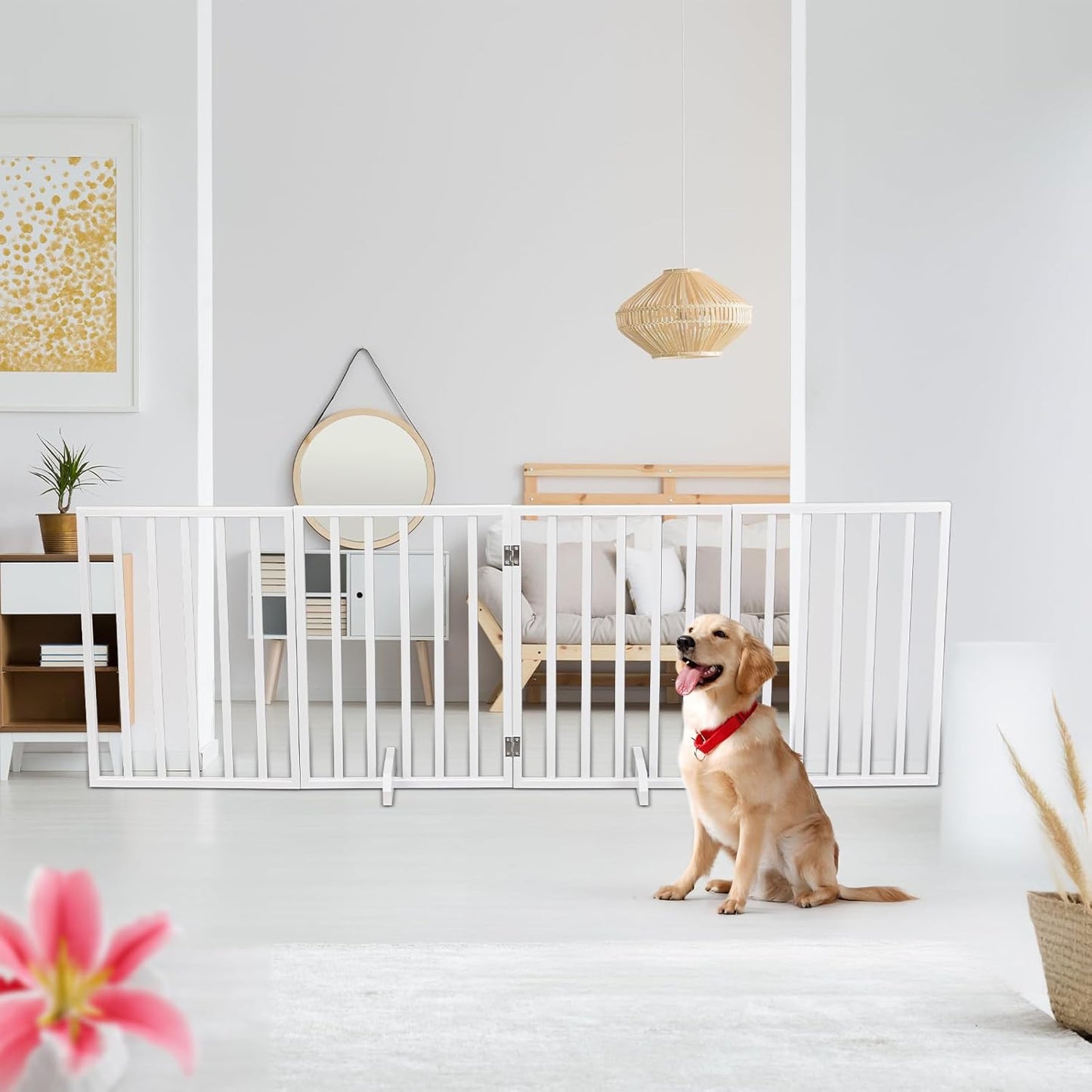 BONNLO Free Standing Dog Gate Indoor, Foldable Pet Gate for Dogs and Puppy, 24" Height Wooden Dog Gates for Doorways Extra Wide/Stairs/Hallways (Walnut, 3 Panel)