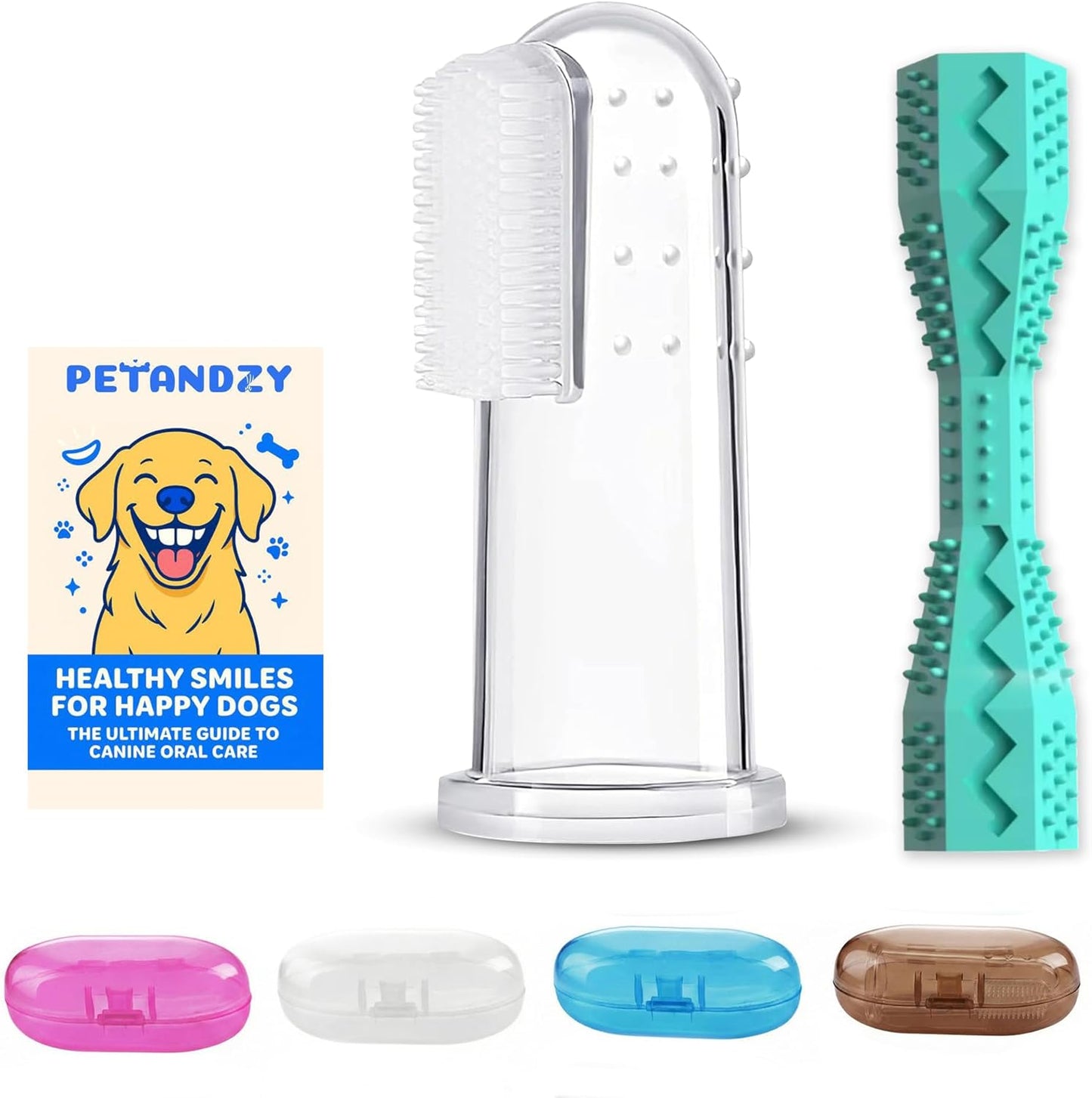 Dog Toothbrush Kit with Travel Cases – 4 Silicone Finger Toothbrushes for Dogs & Cats – Pet Dental Care, Dog Teeth Cleaning, Plaque & Tartar Control (Dog Toothbrush Kit + Dental Chew Toy)
