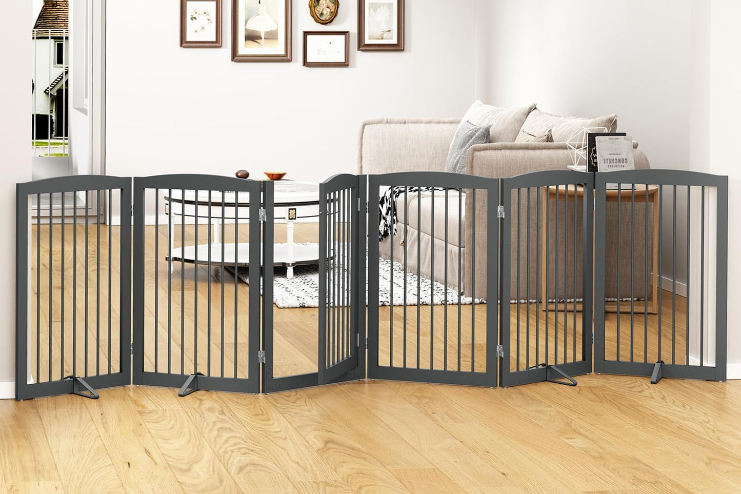 PUPETPO Freestanding Dog Gate with Door, Pet Gate for Stairs, 80 inch Wide Pet Barrier Indoor, Dog Fences Indoor, Support Feet Included, 4 Panels, 24" Tall, Dark Brown