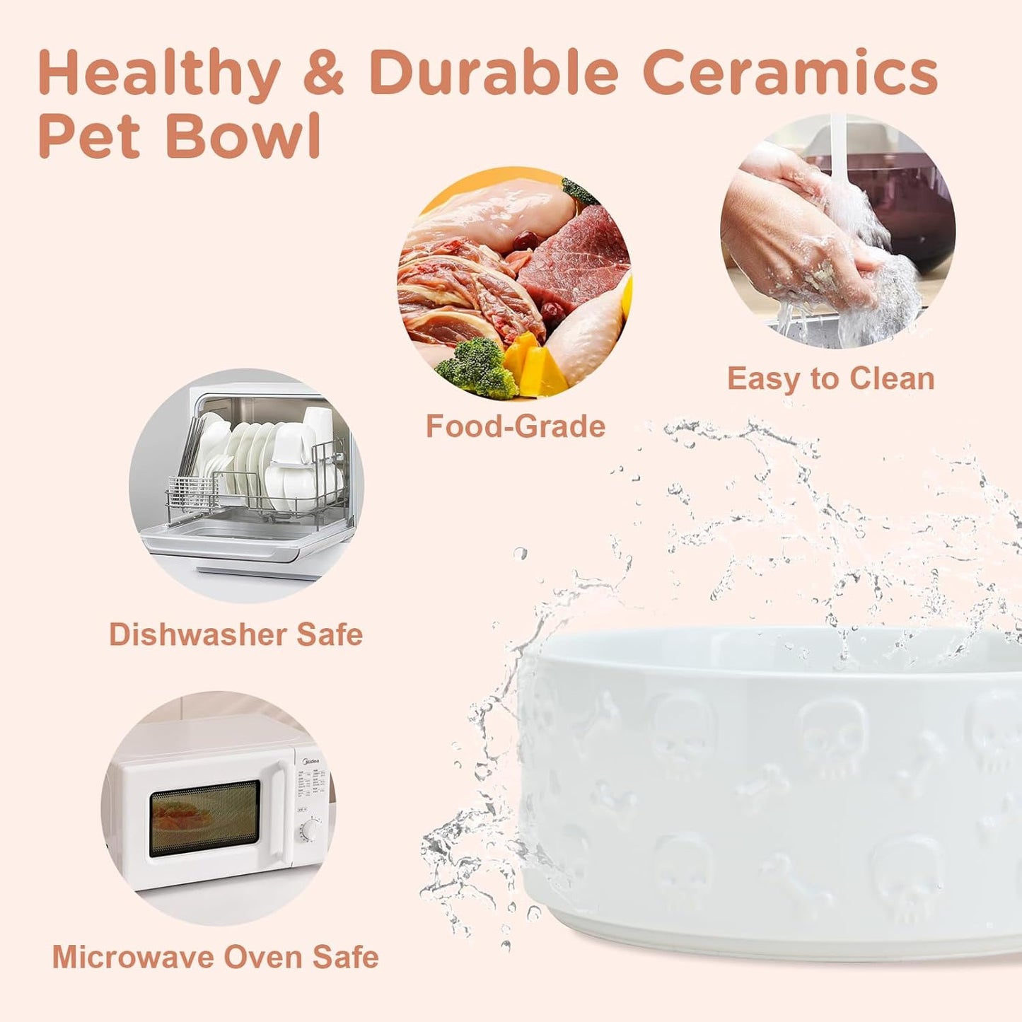 SPUNKYJUNKY Elevated Dog Bowls Ceramic, 6.1'' Dogs and Cat Food Water Bowls Raised with Non-Slip Bamboo Stand for Medium Sized Breed Microwave Dishwasher Safe - 28.7 OZ,Beige
