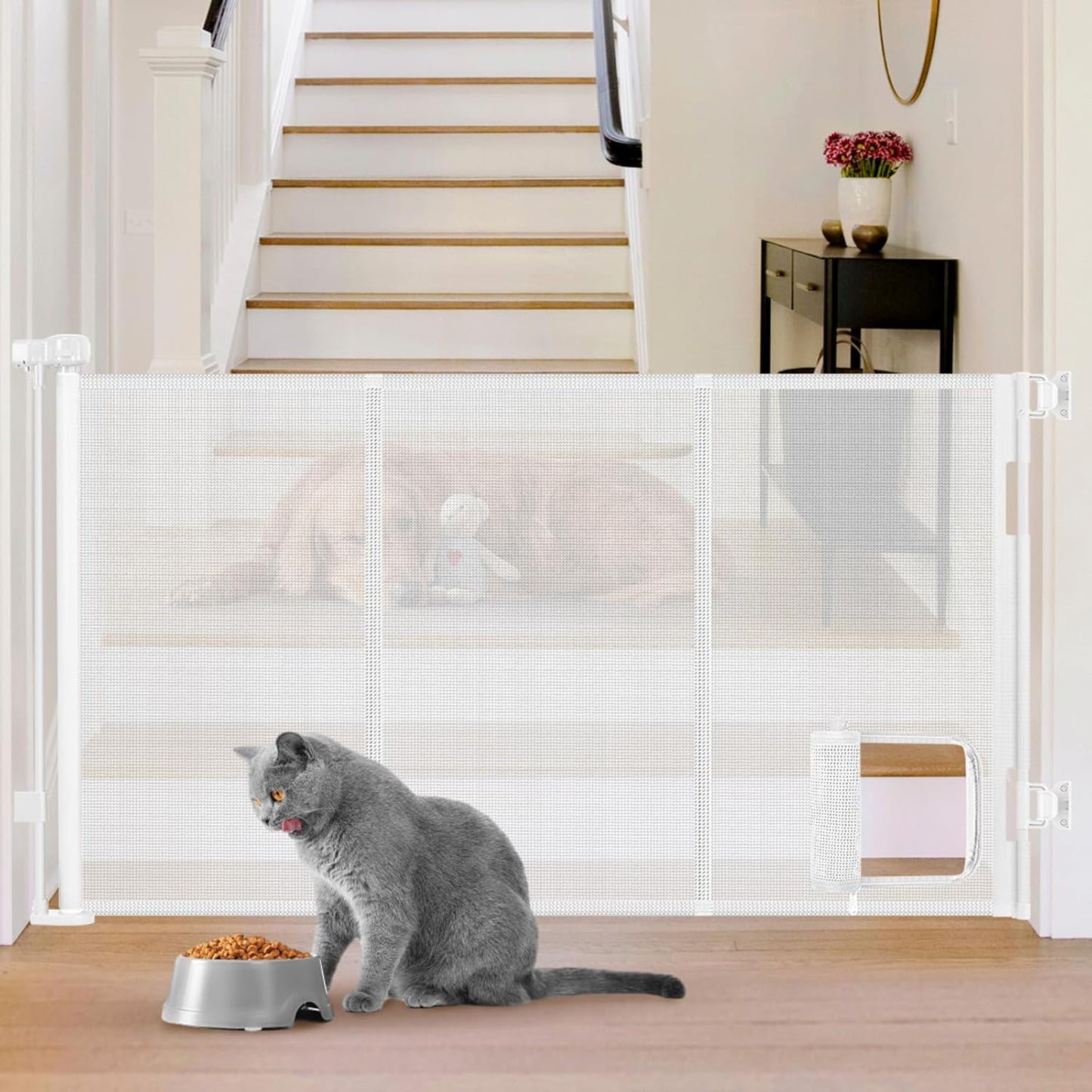 Reinforced 60” Wide Retractable Dog Gate with Cat Door Gates for Pets with Reinforced Strips 33” Tall Mesh Baby Gate Retractable Pet Gates for Dogs Indoor with Door Cats Can in and Out Freely, Gray