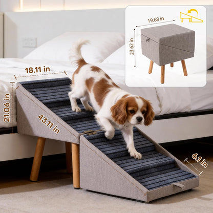 17.13" H Dog Stairs for Small Dogs, 2-in-1 Pet Steps & Ottoman - Foldable Dog Stairs for Couch, Non-Slip Wooden Pet Stairs for Puppy Senior Injured Dogs