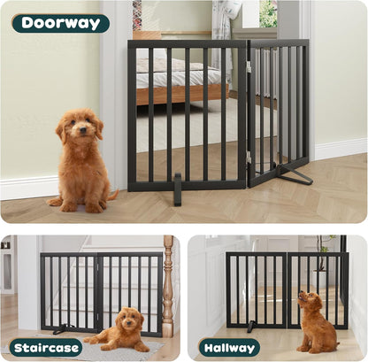 Freestanding Dog Gates Indoor, 3-Panel Pet Gates with 2 Metal Stands and 360° Hinge, 24" H Foldable Dog Gate for Stairs, Doorway, Kitchen, Expands Up to 55" Fully Assembled - Black Walnut
