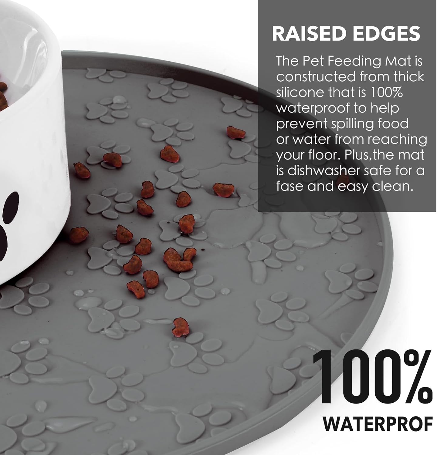 Silicone Pet Food Mat - Waterproof Dog & Cat Feeding Mat with High Lip to Prevent Spills & Protect Floors, Black