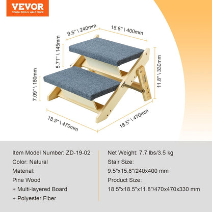 VEVOR Wood Pet Stairs, 2-Step Dog Stairs for Beds, Sofa & Cars, 110lbs Load Capacity, Floded Flat Design, Stable & Sturdy Cat & Dog Step Ladder for Small Medium Large Older Pet Puppy Essentials