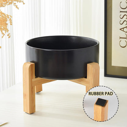 6'' Ceramic Raised Dog Bowl - 30Oz Dog Food & Water Bowl with Elevated Non-Slip Bamboo Stand, Dishwasher & Microwave Safe, Anti Vomiting Heavy Duty Pet Bowl for Small and Medium Dogs, White