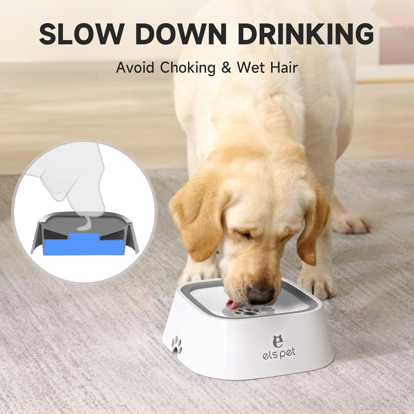 ELS PET Travel Bowl, No Spill, No Drip Slow Water Feeder/Dispenser for Dogs, Cats, 35oz/1L, Splash Proof Travel Bowl for Crate and Car, Keeps Floor & Beard Dry, Dishwasher Safe (Grey)