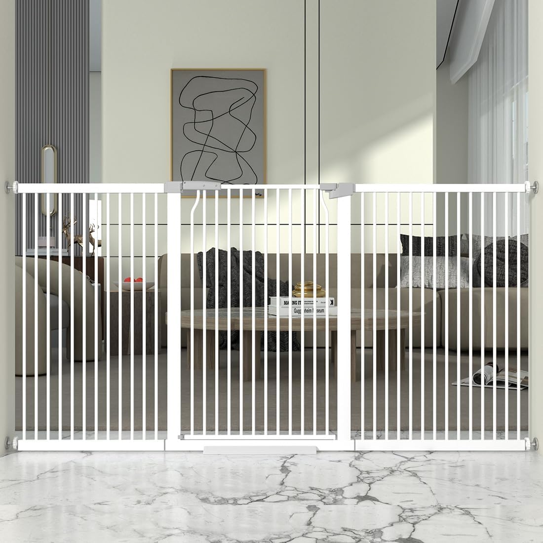 41" Extra Tall Cat Gate for Doorway, 49.2-54.7 Metal Pet Baby Safe Gate, Extra Wide Pressure Mounted Child Door with Expansion Kit, No Drilling No Climb Cat Fence Indoor, Tall Dog Gate, White