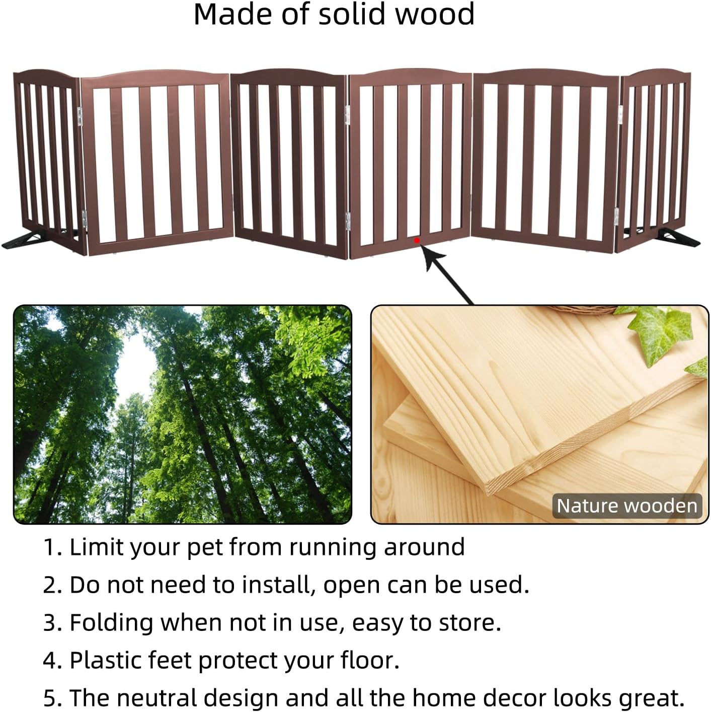Freestanding Dog Gate Indoor,Doggie Gate Foldable Dog Gates for Doorways,Stairs or Hallways, Wooden White Pet Gate for the House, Pet Fence with Support Feet Included,24 "Height-4 Panels