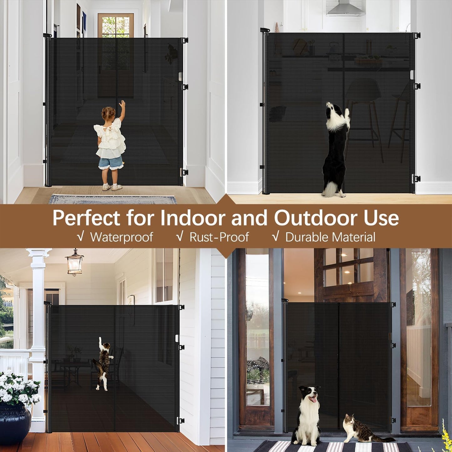 Reinforced 55" Extra Tall Pet Gate for Doorway - No Jumping Over, 55" Wide Retractable Baby Gates with Support Rods - No Crawling Under, Climb Proof Cat Gate for Stairs Tall Retractable Dog Gate/Black