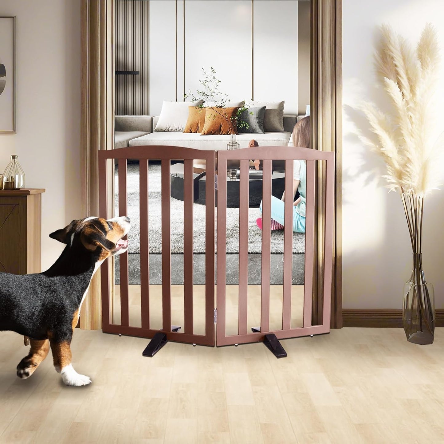 ZJSF Foldable Freestanding Indoor Dog Gate for House Wood White Long Pet Gates Dog Fence for Stairs Puppy Gates for Hallways,Pet Fence, Puppy Gate,Support Feet Included 24 "Height-3 Panels