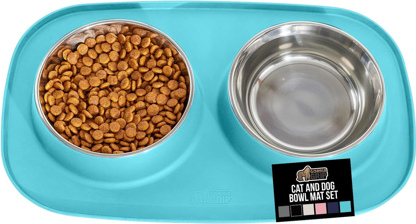 GORILLA GRIP Feeding Mat Set, Patent Pending 100% Waterproof BPA Free Silicone, Stainless Steel Cat and Dog Bowls, Slip Resistant, 1 Black mat/tray with 2 stainless steel bowls
