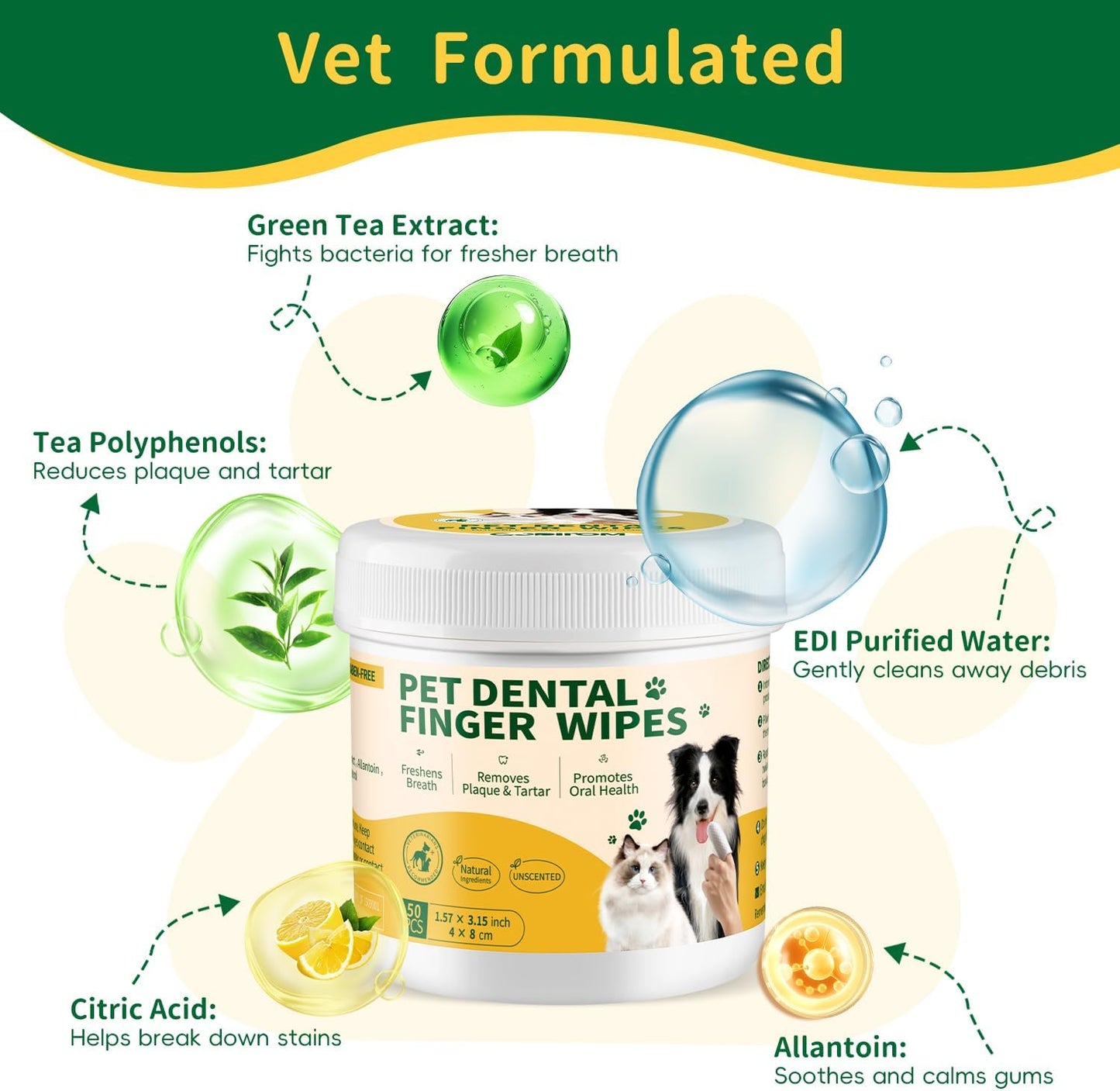 GLADFRESIT Dental Care Finger Wipes 50 Counts –Disposable Wipes for Dogs & Cats, Plaque & Tartar, Fresh Breath & Gum Health，All Natural Dog Toothbrush & Tooth Brushing Kit（Unscented）