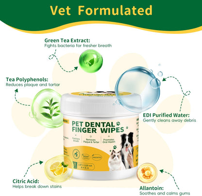 GLADFRESIT Dental Care Finger Wipes 50 Counts –Disposable Wipes for Dogs & Cats, Plaque & Tartar, Fresh Breath & Gum Health，All Natural Dog Toothbrush & Tooth Brushing Kit（Unscented）