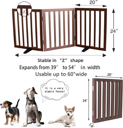 ZJSF Freestanding Indoor Dog Gate for House Foldable Wood Brown Puppy Gate for Doorways Pet Gate for Stairs Extra Wide Pet Fence 24" Height 2 Panels