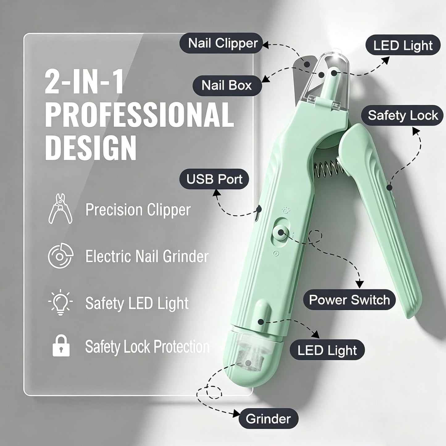 2-in-1 Dog Nail Grinder & Dog Nail Clippers Trimmers for Large Medium Small Dogs Cats Pets Claw Trimmer with LED Lights (White)