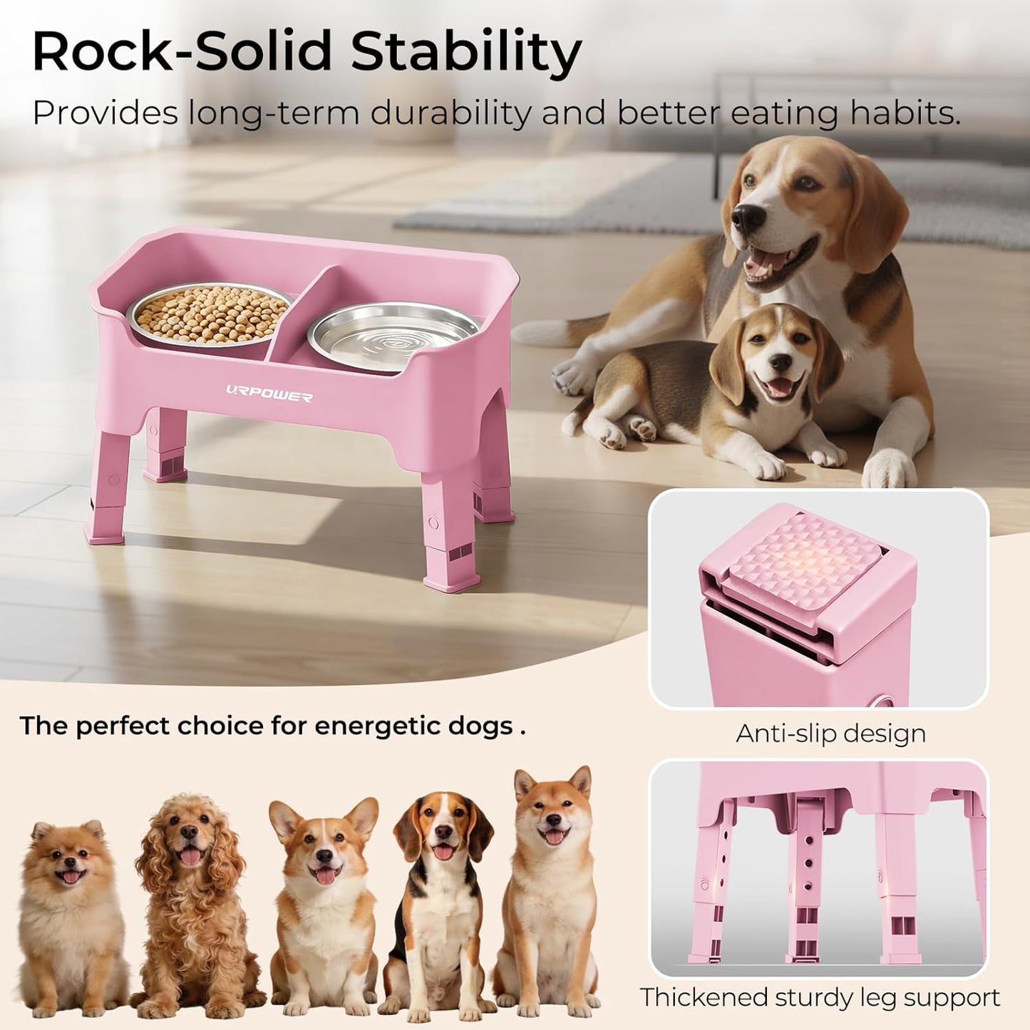 URPOWER 3-in-1 Elevated Dog Bowls - Mess Proof Double Deck 4 Height Adjustable Raised Stand with 2 Stainless Steel Food Bowls & Licking Plate for Small, Medium & Large Dogs