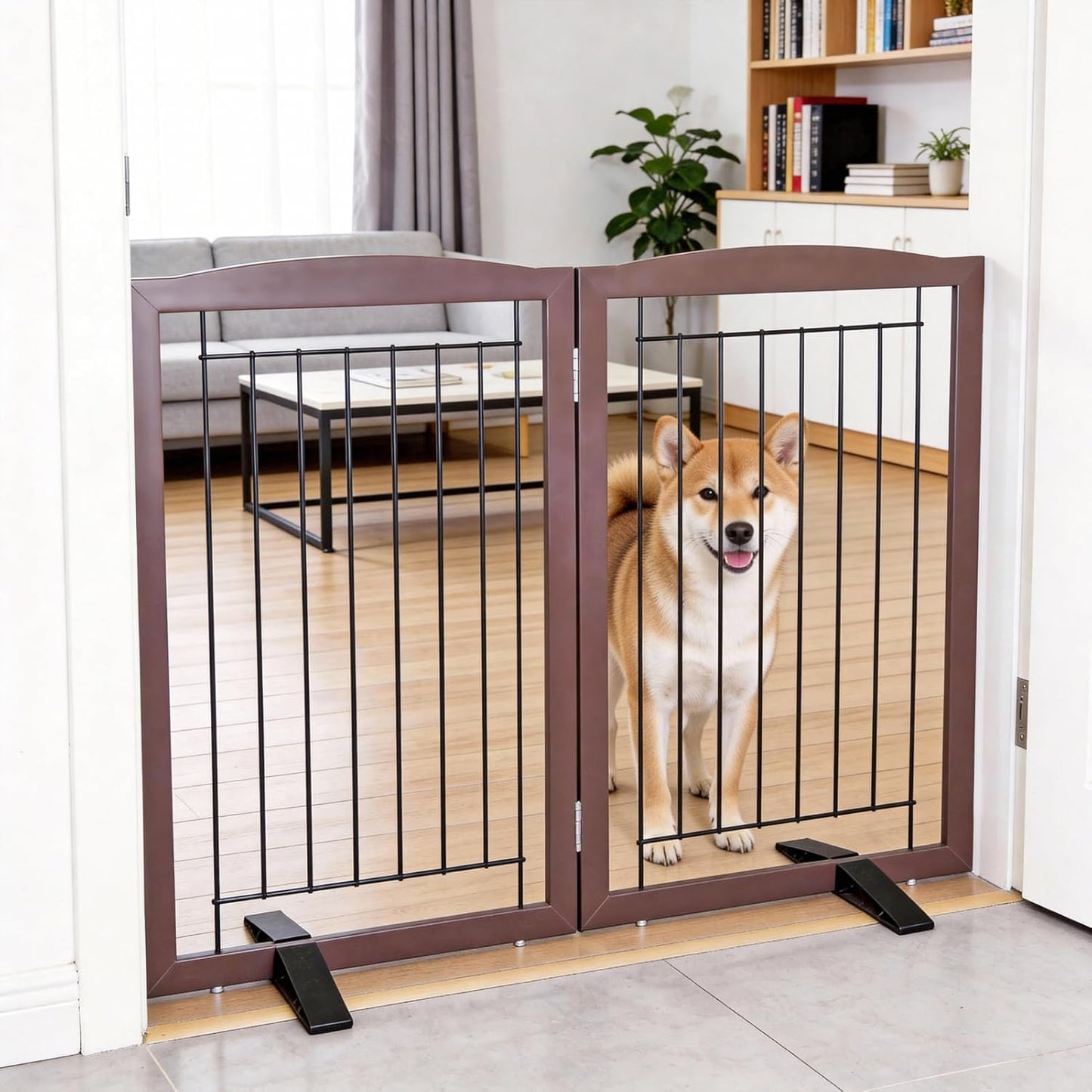 ZJSF Freestanding Dog Fence Indoor, Foldable Dog Gate for Doorways, Stairs or Hallways, Sturdy Wood Extra Wide Pet Gate with Support Feet for The House, White, 24 "Height-3 Panels