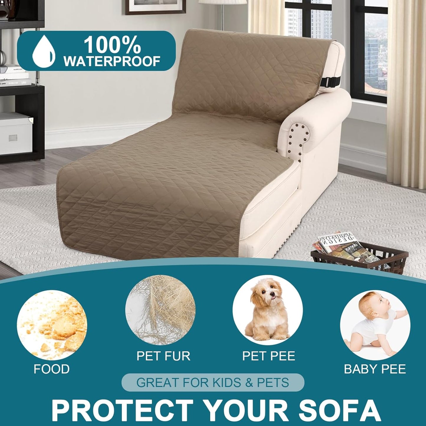 Turquoize 100% Waterproof Sofa Covers Couch Cover Sofa Cover for Dogs Couch Protector Triple Non-Slip Sofa Slipcover for 3 Cushion Couch Furniture Protector for Pets, Kids,Dog (Sofa 70", Ivory)