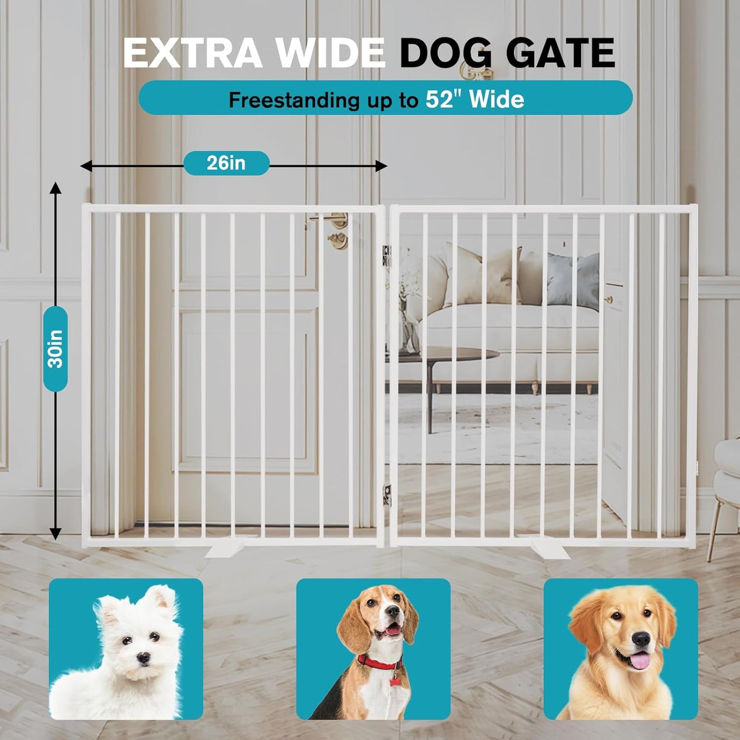 Snagle Paw Extra Wide Dog Gate,Free Standing Dog Fence with Door, Up to 104 Inch Wide Pet Gate with Support Feet for Stairs, Hallways, Doorways, Yard (Black, 4 Panels)