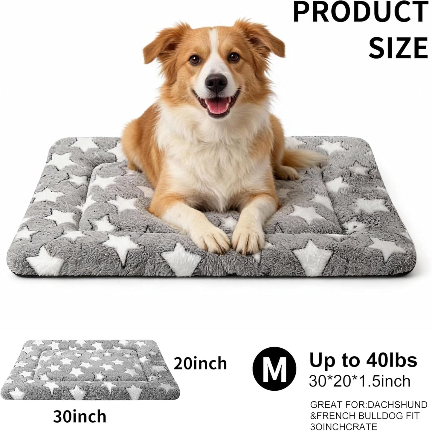 Dog Bed Mat, Reversible Crate Pad & Cute Dog Bed - Machine Washable Kennel Mat with Ultra Soft for Small Dogs (Cool/Warm), 24" x 18", Grey&Star