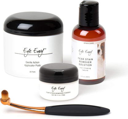 Eye Envy Dog Tear Stain Remover Starter Kit with ProPowder Brush | Stain Solution, Applicator Pads, Stain Powder and Small Applicator Brush | Lasts 30-45 Days