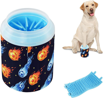 Space Soccer Black Pattern Dog Paw Cleaner Cup with Soft Silicone Brush, Small Portable Lightweight Muddy Paw Washer for Dogs, Easy to Use Pet Foot Cleaner