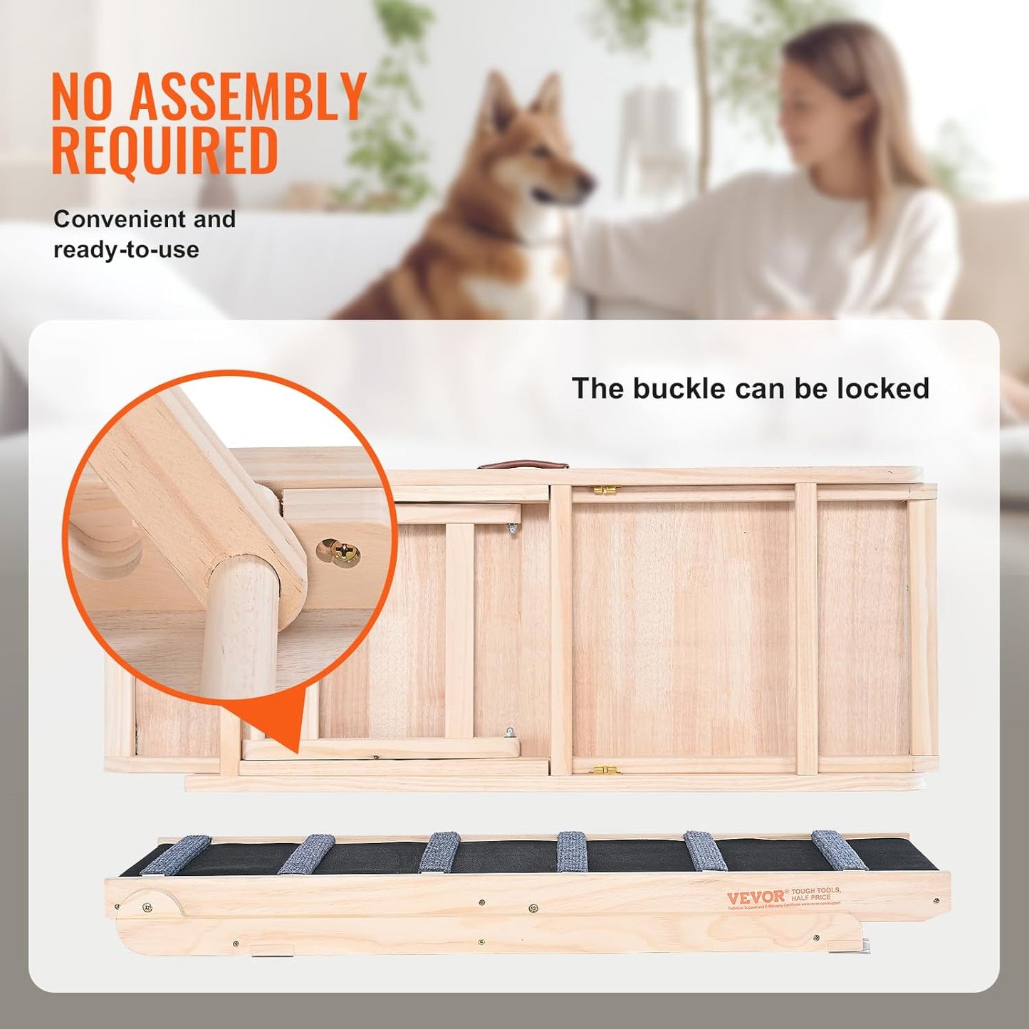 VEVOR Dog Ramp, Folding Pet Ramp for Bed, Adjustable Dog Ramp for Small, Large, Old Dogs & Cats, Wooden Pet Ramp with 39.3" Long Ramp, Adjustable from 15" to 22", Suitable for Couch, Sofa, Car