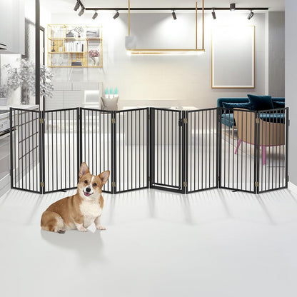 Metal Freestanding Dog Gates with Door for Outdoor Indoor,80'' Extra Wide 32'' Tall Free Standing Dog Gate for Doorways,Large Openings,Deck,Yard,Foldable Safety Pet Fence(Black,4 Panels)