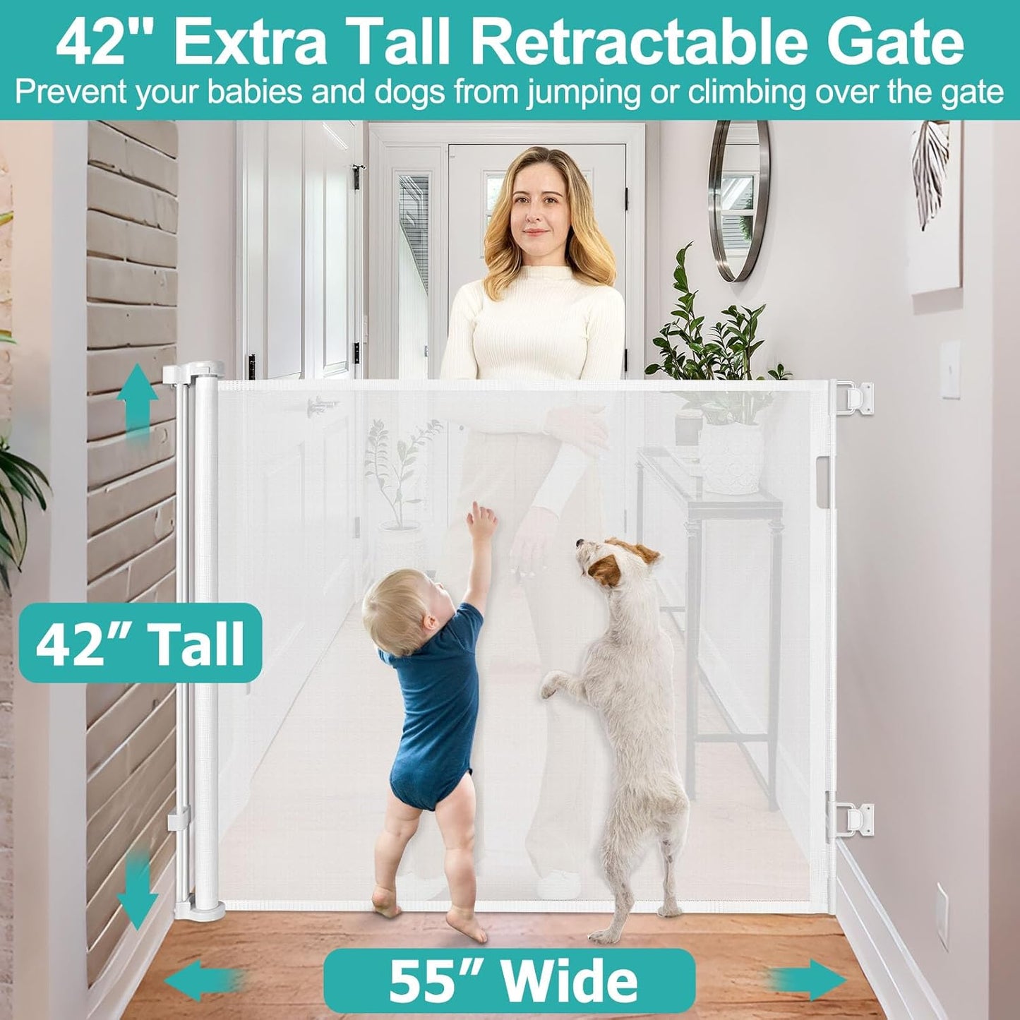 42 Inch Extra Tall Dog Gate Indoor 55” Wide Puppy Gates for The House Prevent Kids/Pets from Jumping Over Retractable Extra Tall Baby Gates for Doorways Retractable Outdoor Pet Gate for Stairs, Black