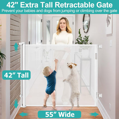 42 Inch Extra Tall Dog Gate Indoor 55” Wide Puppy Gates for The House Prevent Kids/Pets from Jumping Over Retractable Extra Tall Baby Gates for Doorways Retractable Outdoor Pet Gate for Stairs, Black