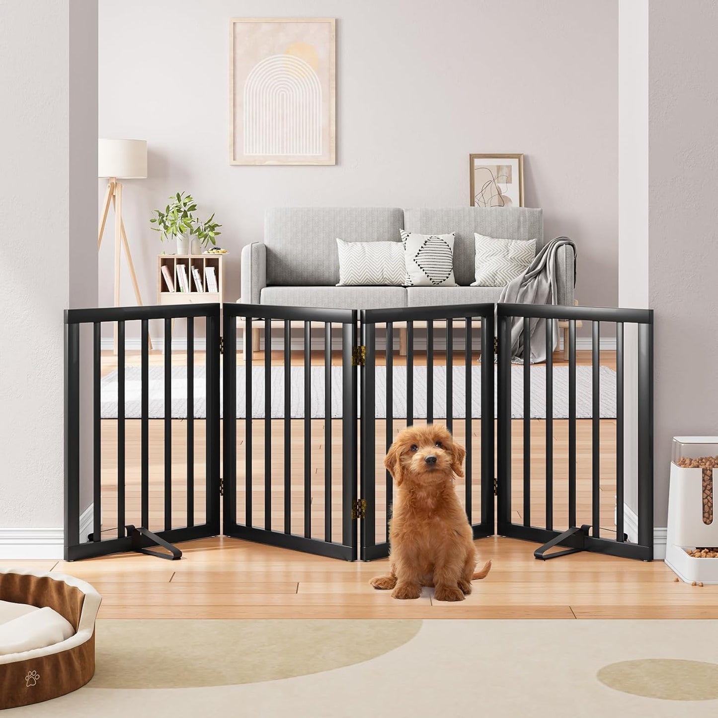 Freestanding Dog Gates Indoor, 3-Panel Pet Gates with 2 Metal Stands and 360° Hinge, 24" H Foldable Dog Gate for Stairs, Doorway, Kitchen, Expands Up to 55" Fully Assembled - Black Walnut