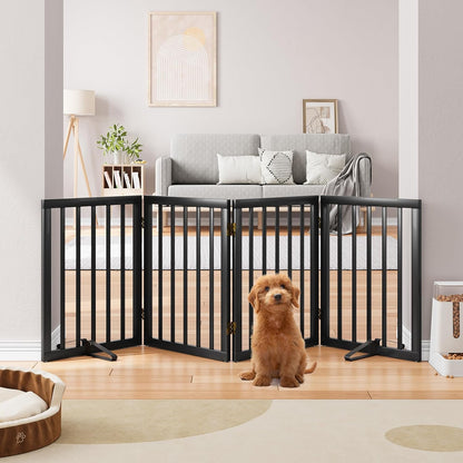 Freestanding Dog Gates Indoor, 3-Panel Pet Gates with 2 Metal Stands and 360° Hinge, 24" H Foldable Dog Gate for Stairs, Doorway, Kitchen, Expands Up to 55" Fully Assembled - Black Walnut
