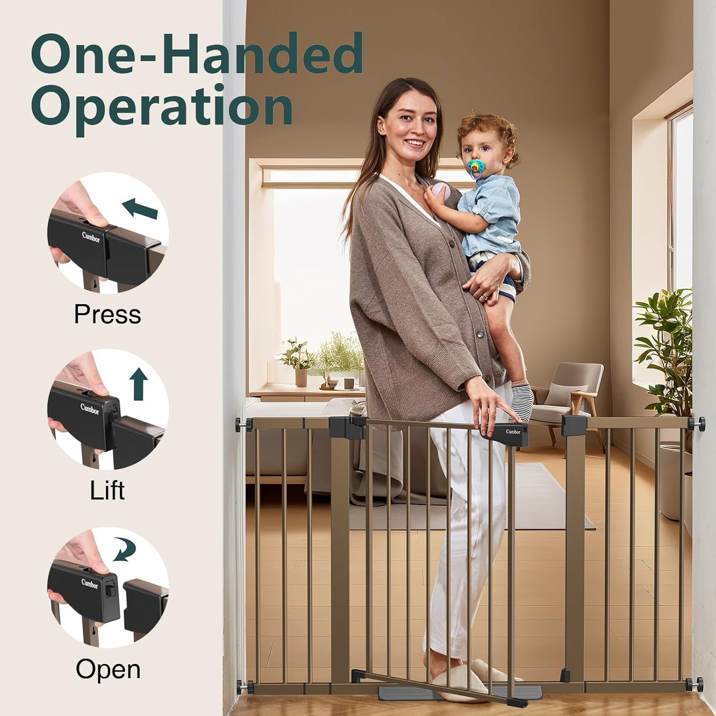 Cumbor 36.6-64" Extra Wide Baby Gate for Stairs, Dog Gates for Doorways, Auto-Close Pet Gate Indoor, Pressure Mounted Walk Through Safety Child Gate for Kids Toddler, Tall Pet Puppy Fence Gate, Brown