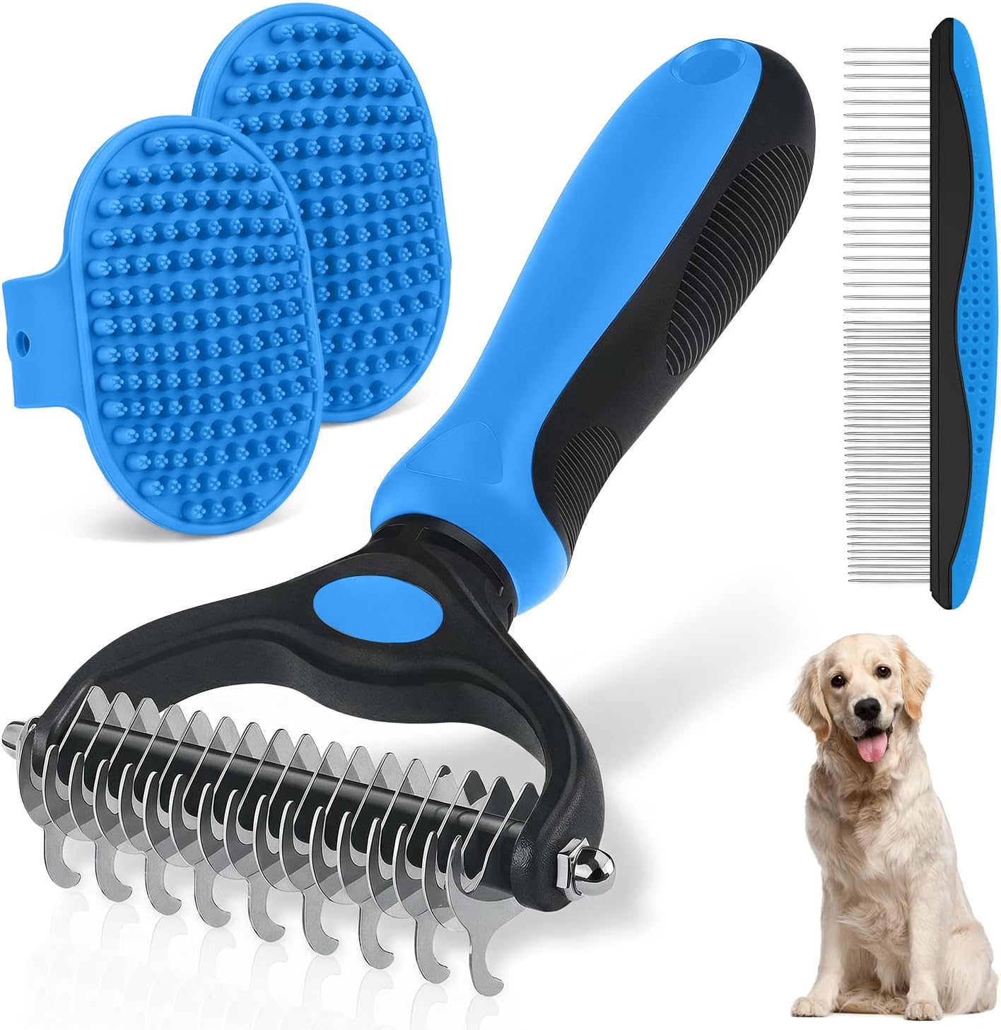 Double-Sided Pet Grooming Rake - 4-in-1 Professional Pet Grooming Kit Deshedding Dematting Tool for Dogs Cats Extra-Wide Grooming Brush & Deshedder Comb for Long & Short Haired Pets (Blue Kit 4PCS)