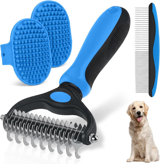Double-Sided Pet Grooming Rake - 4-in-1 Professional Pet Grooming Kit Deshedding Dematting Tool for Dogs Cats Extra-Wide Grooming Brush & Deshedder Comb for Long & Short Haired Pets (Blue Kit 4PCS)